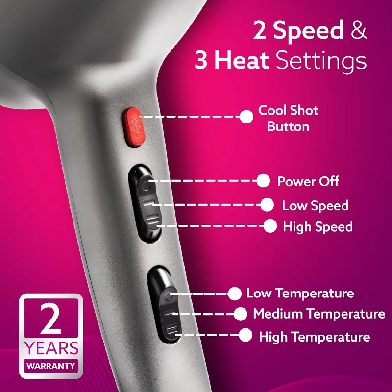 AGARO Professional Hair Dryer with AC Motor, 2 Concentrator Nozzle, Diffuser, Hot and Cold Air, 2 Speed 3 Temperature Settings with Cool Shot, HD1124-2400W-3.webp